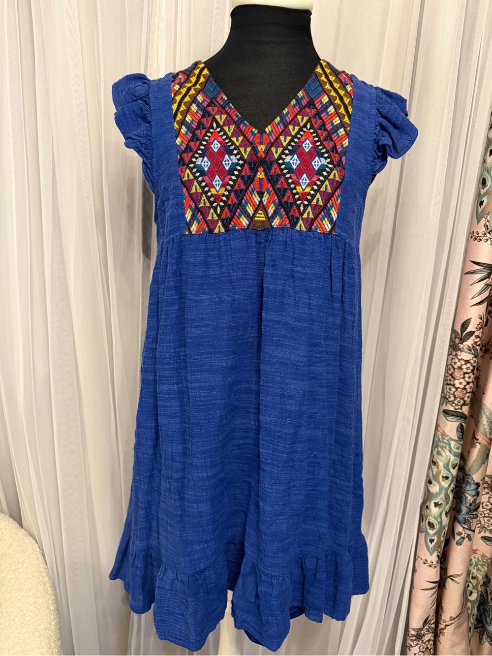 THML Royal Blue Embroidered V-Neck Casual Girls Dress